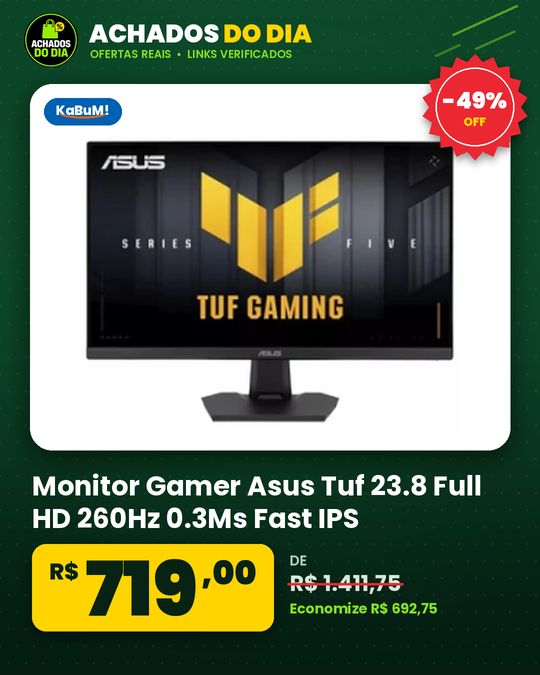Monitor Gamer Asus Tuf 23.8 Full HD 260Hz 0.3Ms Fast IPS VRR G-Sync Comp Freesync Premium HDR10 Som Integrado Preto Vg249Qm5F