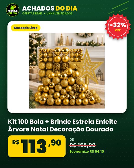 Kit 100 Bola + Brinde Estrela Enfeite Árvore Natal Decoração Dourado