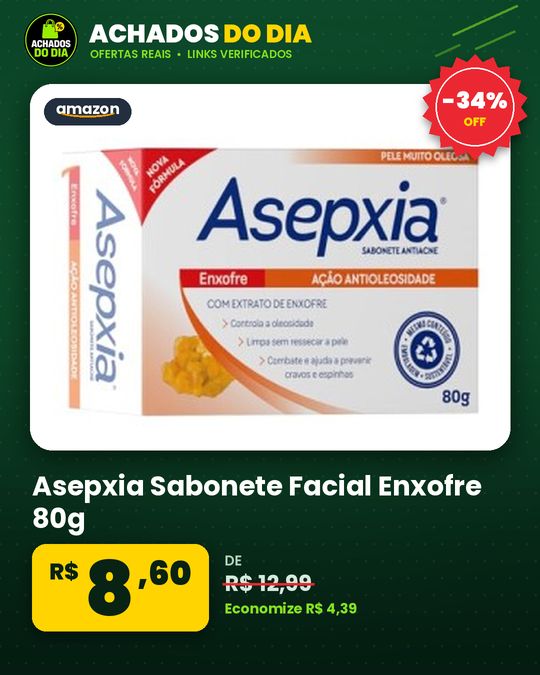 Asepxia Sabonete Facial Enxofre 80g - Antiacne Oleosidade E Cravos Espinhas