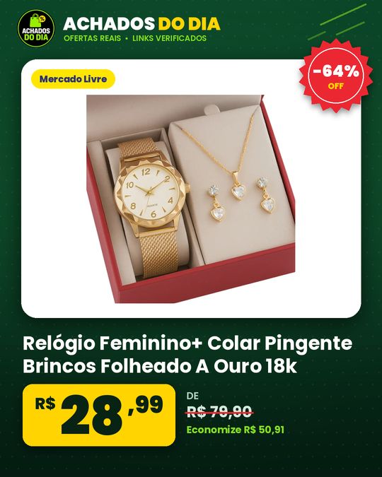 Relógio Feminino+ Colar Pingente Brincos Folheado A Ouro 18k