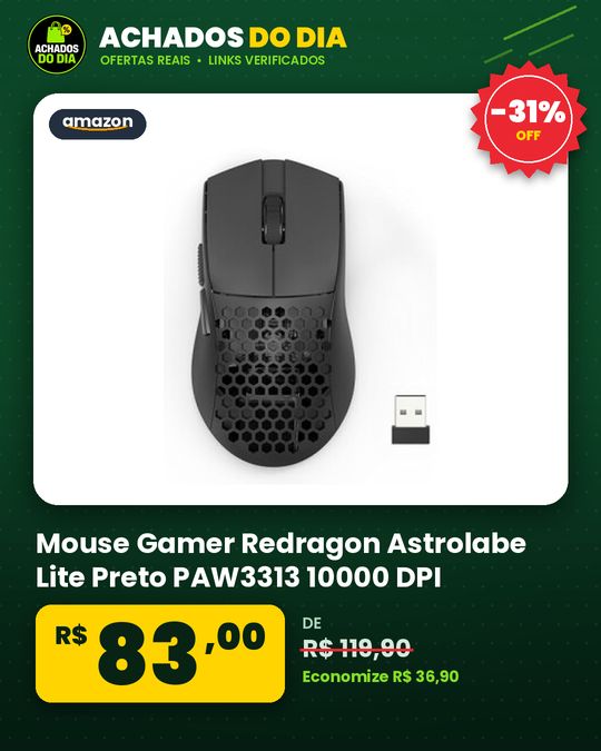 Mouse Gamer Redragon Astrolabe Lite Preto PAW3313 10000 DPI Sem Fio Tri-Mode USB 2.4GHz Bluetooth