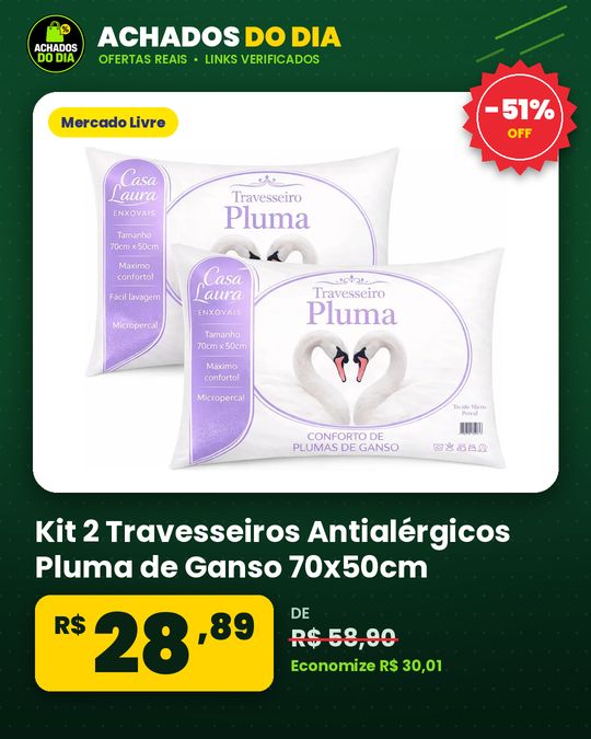 Kit 2 Travesseiros Antialérgicos Pluma de Ganso 70x50cm