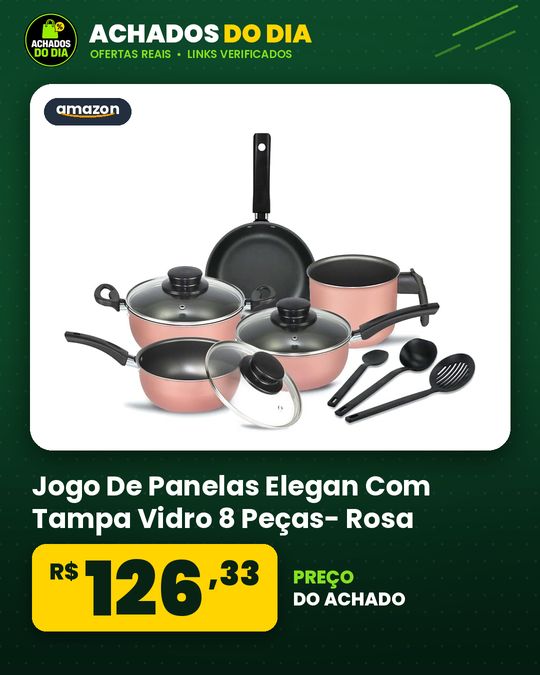 Jogo De Panelas Elegan Com Tampa Vidro 8 Peças- Rosa