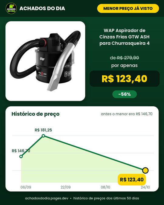 WAP Aspirador de Cinzas Frias GTW ASH para Churrasqueira 4 Litros Revestido em Aço Resistente 120mbar 1400W 127V