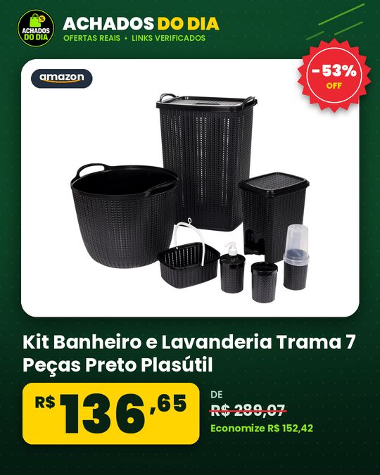 Kit Banheiro e Lavanderia Trama 7 Peças Preto Plasútil