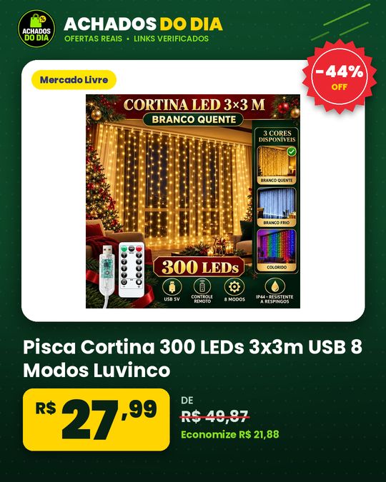 Pisca Cortina 300 LEDs 3x3m USB 8 Modos Luvinco