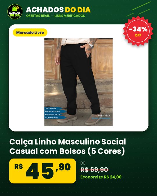Calça Linho Masculino Social Casual com Bolsos (5 Cores)
