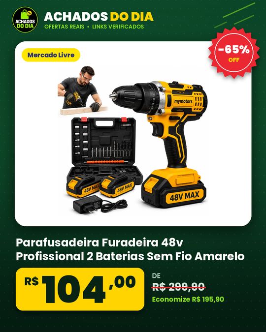 Parafusadeira Furadeira 48v Profissional 2 Baterias Sem Fio Amarelo
