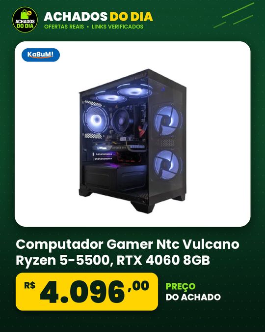 Computador Gamer Ntc Vulcano Ryzen 5-5500, RTX 4060 8GB, 16GB DDR4, 512GB SSD, C5 Fans, Linux