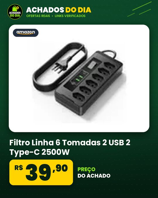 Filtro Linha 6 Tomadas 2 USB 2 Type-C 2500W
