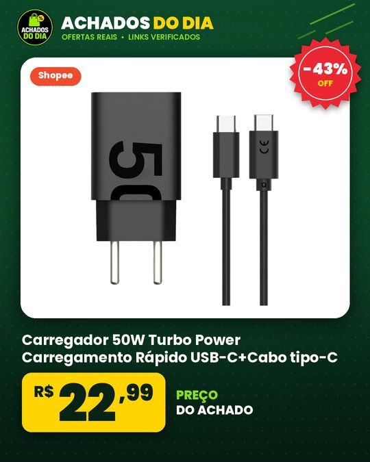 Carregador 50W Turbo Power Carregamento Rápido USB-C+Cabo tipo-C