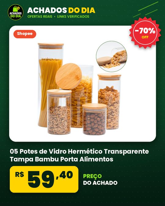 05 Potes de Vidro Hermético Transparente Tampa Bambu Porta Alimentos