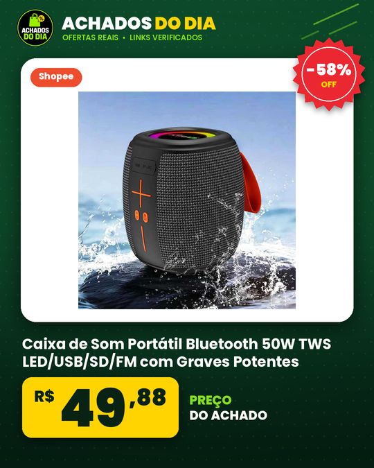Caixa de Som Portátil Bluetooth 50W TWS LED/USB/SD/FM com Graves Potentes