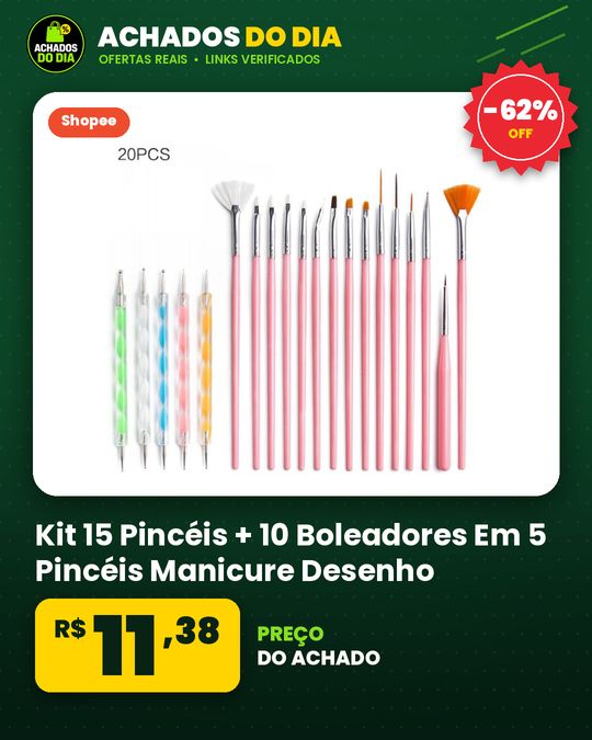 Kit 15 Pincéis + 10 Boleadores Em 5 Pincéis Manicure Desenho
