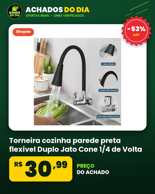 Torneira cozinha parede preta flexível Duplo Jato Cone 1/4 de Volta - Rotação 360°