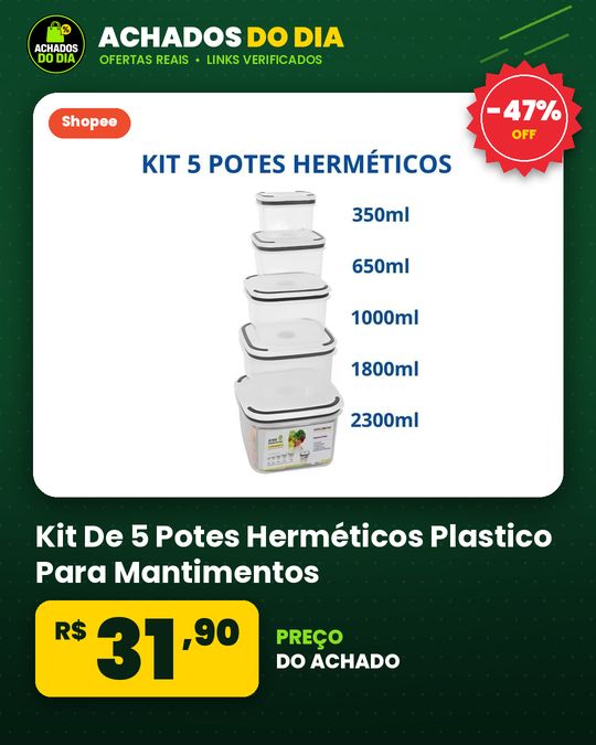 Kit De 5 Potes Herméticos Plastico Para Mantimentos Micro-ondas Alimentos Geladeira Frutas Marmita