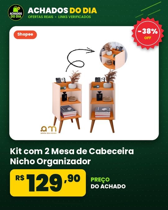 Kit com 2 Mesa de Cabeceira Nicho Organizador, pés retrô em PVC e Porta-Celular Max