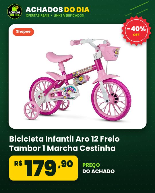 Bicicleta Infantil Aro 12 Freio Tambor 1 Marcha Cestinha Nathor C/ Rodinha Menina de 90cm a 1m