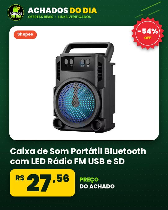 Caixa de Som Portátil Bluetooth com LED Rádio FM USB e SD