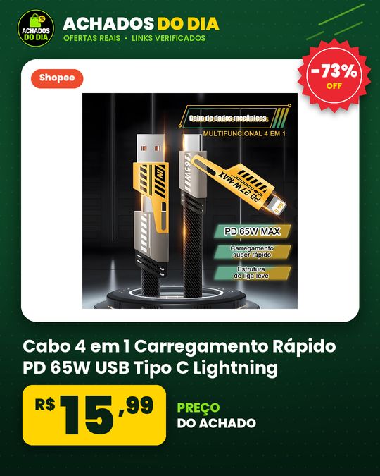 Cabo 4 em 1 Carregamento Rápido PD 65W USB Tipo C Lightning Duplo Nylon Trançado para Android e iOS