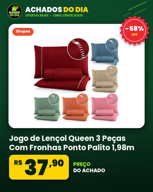 Jogo de Lençol Queen 3 Peças Com Fronhas Ponto Palito 1,98m x 1,58m x 30cm Macio e Confortável