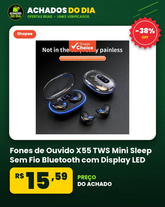 Fones de Ouvido X55 TWS Mini Sleep Sem Fio Bluetooth com Display LED, Som Estéreo HIFI