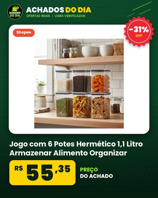 Jogo com 6 Potes Hermético 1,1 Litro Armazenar Alimento Organizar