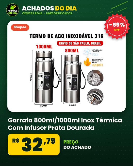 Garrafa 800ml/1000ml Inox Térmica Com Infusor Prata Dourada De Água Café Parede Dupla Com Alça-Para envio imediato