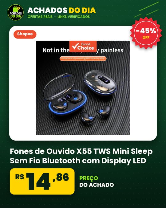 Fones de Ouvido X55 TWS Mini Sleep Sem Fio Bluetooth com Display LED, Som Estéreo HIFI