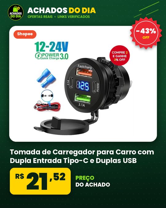 Tomada de Carregador para Carro com Dupla Entrada Tipo-C e Duplas USB, 4 Portas, Carregamento Rápido