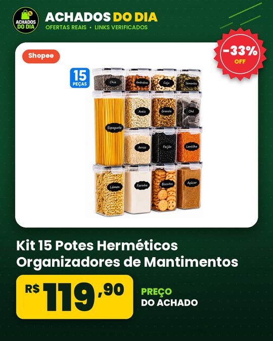 Kit 15 Potes Herméticos Organizadores de Mantimentos Plástico com Etiquetas Cozinha Despensa Empilhável