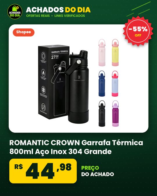ROMANTIC CROWN Garrafa Térmica 800ml Aço Inox 304 Grande Capacidade com 2 Formas de Beber para Viagem e Esporte