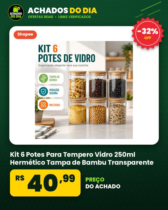 Kit 6 Potes Para Tempero Vidro 250ml Hermético Tampa de Bambu Transparente