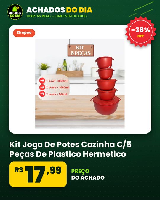Kit Jogo De Potes Cozinha C/5 Peças De Plastico Hermetico Resistente Ideal para Armazenar Alimentos
