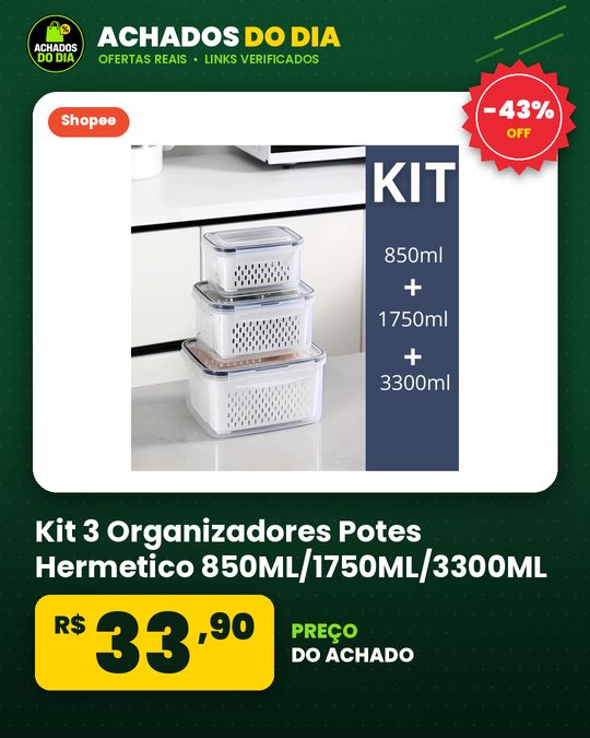 Kit 3 Organizadores Potes Hermetico 850ML/1750ML/3300ML Alimentos E Vegetais Para Geladeira c
