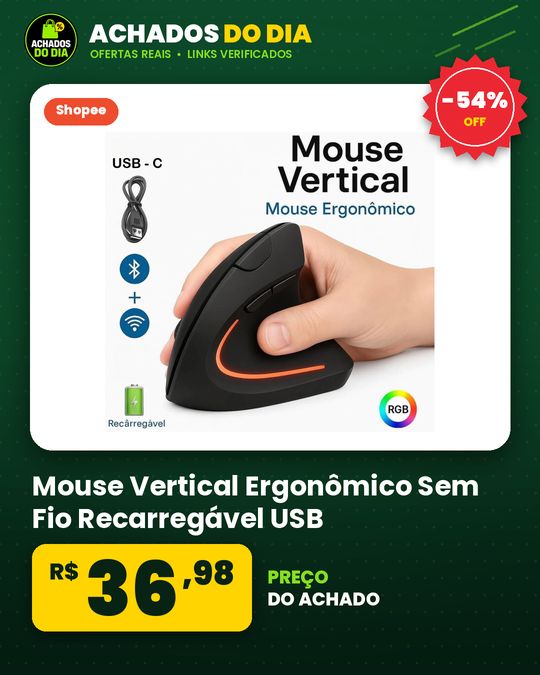 Mouse Vertical Ergonômico Sem Fio Recarregável USB Bluetooth Silencioso Ortopédico Mão Direita PC Gamer Super
