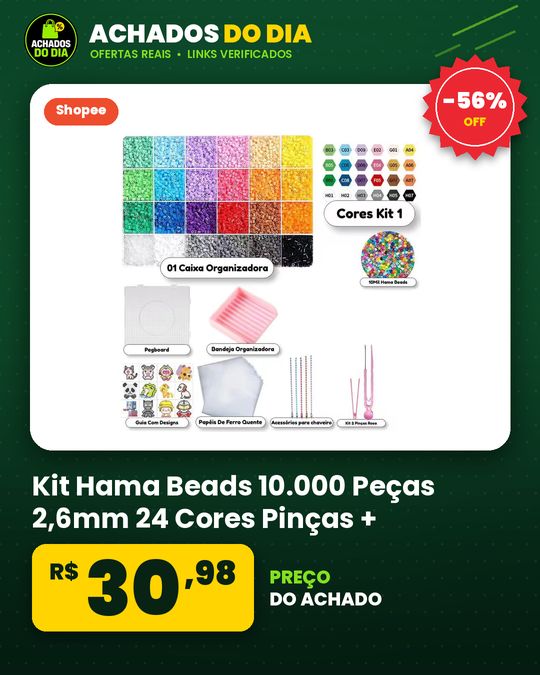 Kit Hama Beads 10.000 Peças 2,6mm 24 Cores Pinças + Ferramentas Pegboard Chaveiro Brinquedos