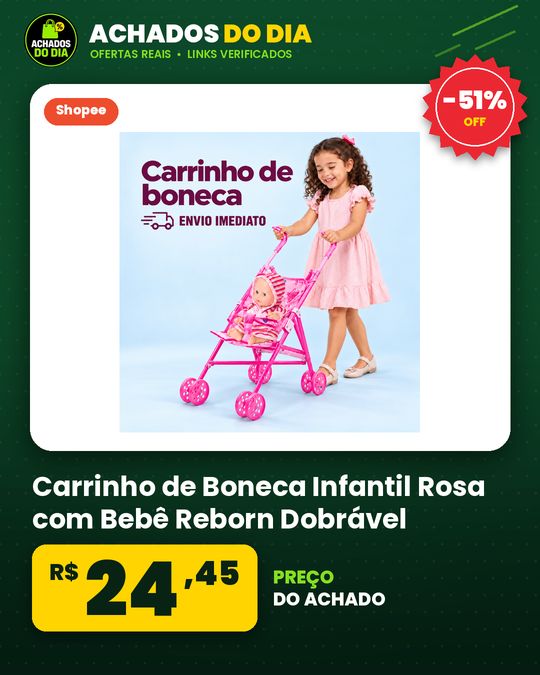 Carrinho de Boneca Infantil Rosa com Bebê Reborn Dobrável Leve Brinquedo Menina Passeio Divertido