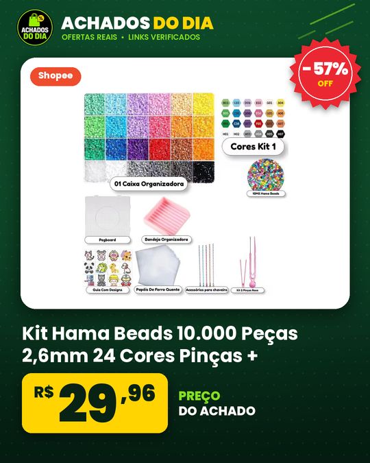 Kit Hama Beads 10.000 Peças 2,6mm 24 Cores Pinças + Ferramentas Pegboard Chaveiro Brinquedos
