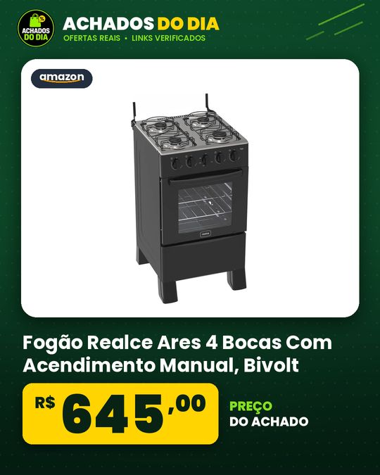 Fogão Realce Ares 4 Bocas Com Acendimento Manual - Bivolt - Preto
