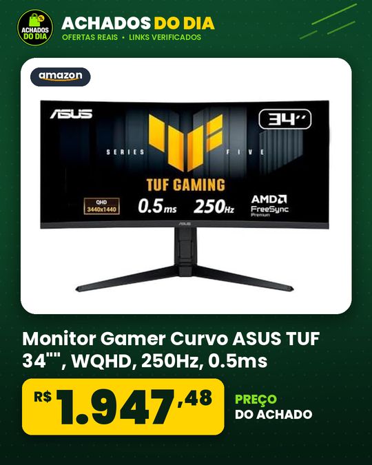 Monitor Gamer Curvo ASUS TUF 34"", WQHD, 250Hz, 0.5ms, Fast VA, FreeSync Premium, Altura Ajustável