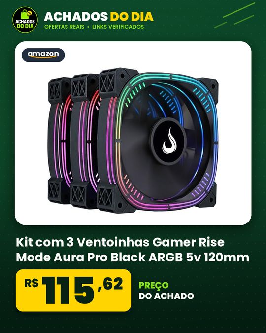Kit com 3 Ventoinhas Gamer Rise Mode Aura Pro Black ARGB 5v 120mm - RM-AUB-02-ARGB