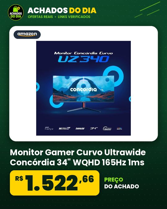Monitor Gamer Curvo Ultrawide Concórdia 34" WQHD 165Hz 1ms, sRGB 100%, 2 HDMI, 2 DisplayPort, PIP/PBP UZ340
